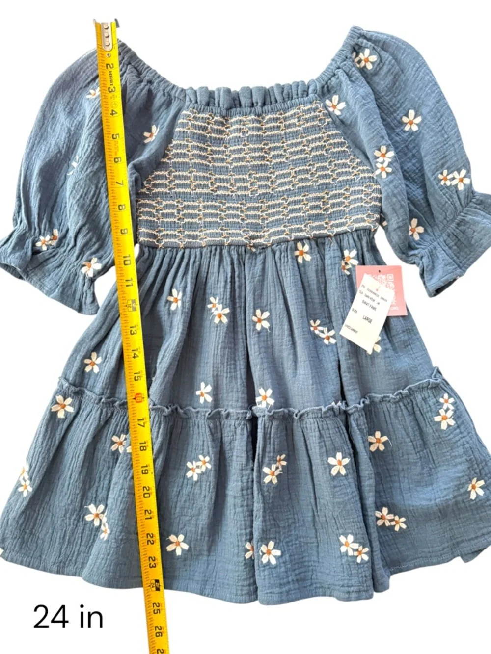 Rare Editions Girls Daisy Embroidered Smocked Tiered Dress Blue Size 7 NWT